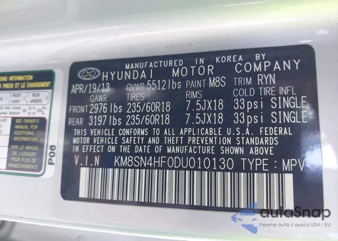 2013 Hyundai Santa Fe Gls из США, поврежденный, VIN KM8SN4HF0DU010130